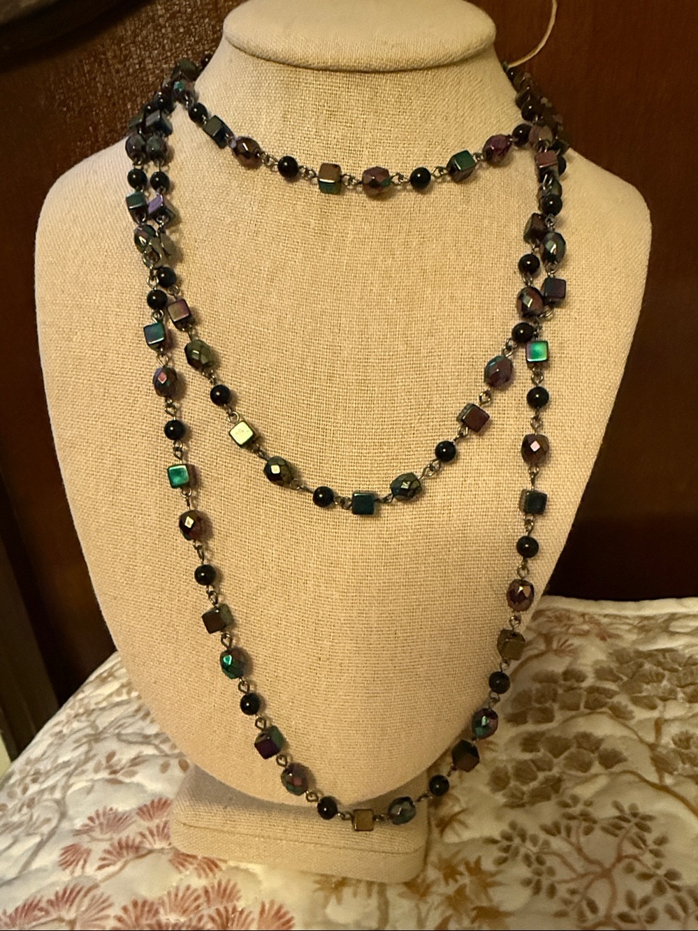 Iridescent Multi-Strand Black Bead Necklace